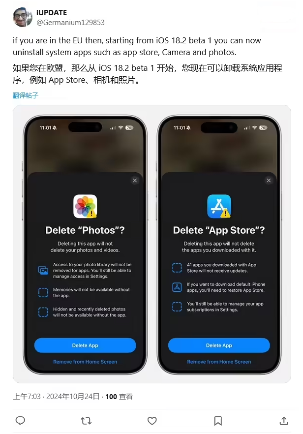 屯溪苹果手机维修分享iOS 18.2 支持删除 App Store 应用商店 