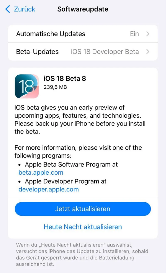 屯溪苹果手机维修分享苹果 iOS / iPadOS 18 开发者预览版 Beta 8 发布 